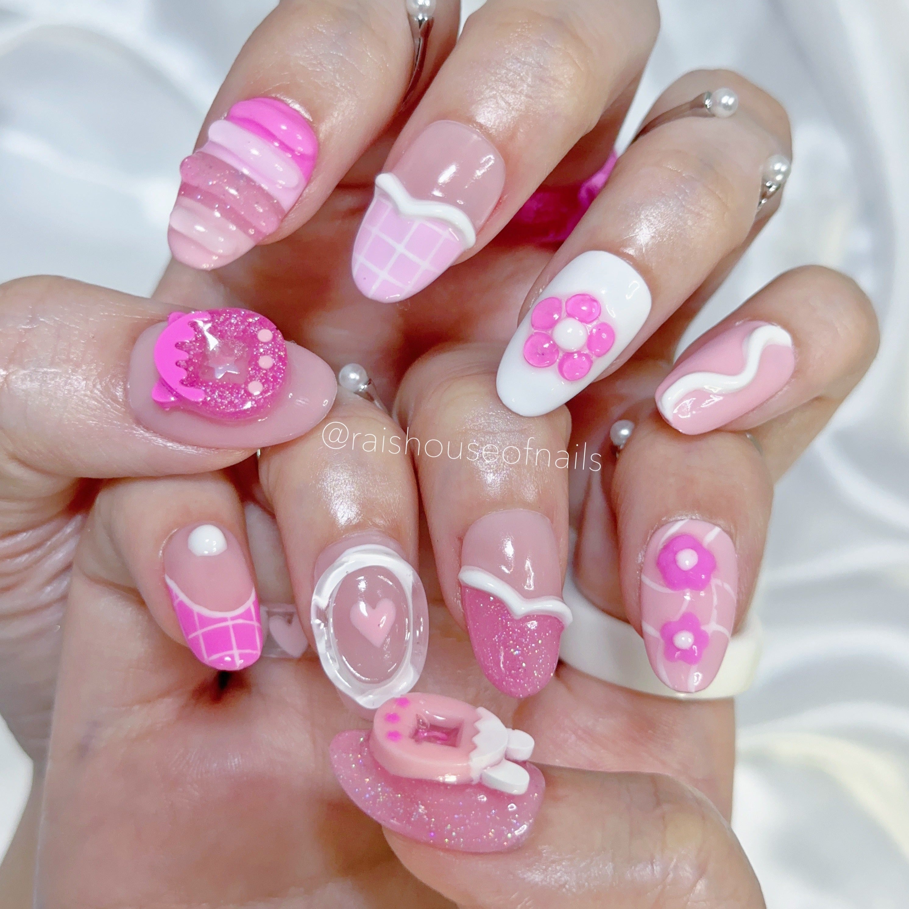 3D Flowers and Pink Gems Press on Nails – Rai's House of Nails
