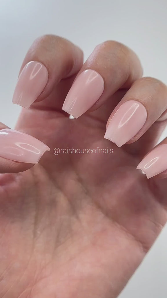 Video of sheer nude jelly press on nails from the basic nudes collection in Spring sigh, coffin extra short, by Rai's House of Nails.